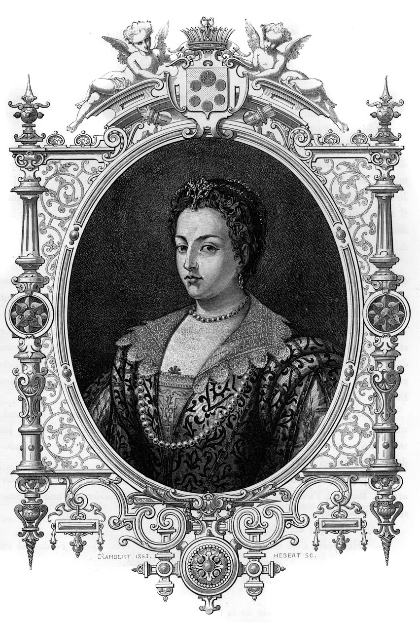 Portrét Benátčanky Biancy Cappello (1548 - 1587), manželky Francoise de Medici (Francesco de Medici). Rytina z roku 1862 v „“The Queens of the World”” od našich prvních spisovatelů. Kniha vydaná pod vedením J. G. D. ARMENGAUDA. od French School