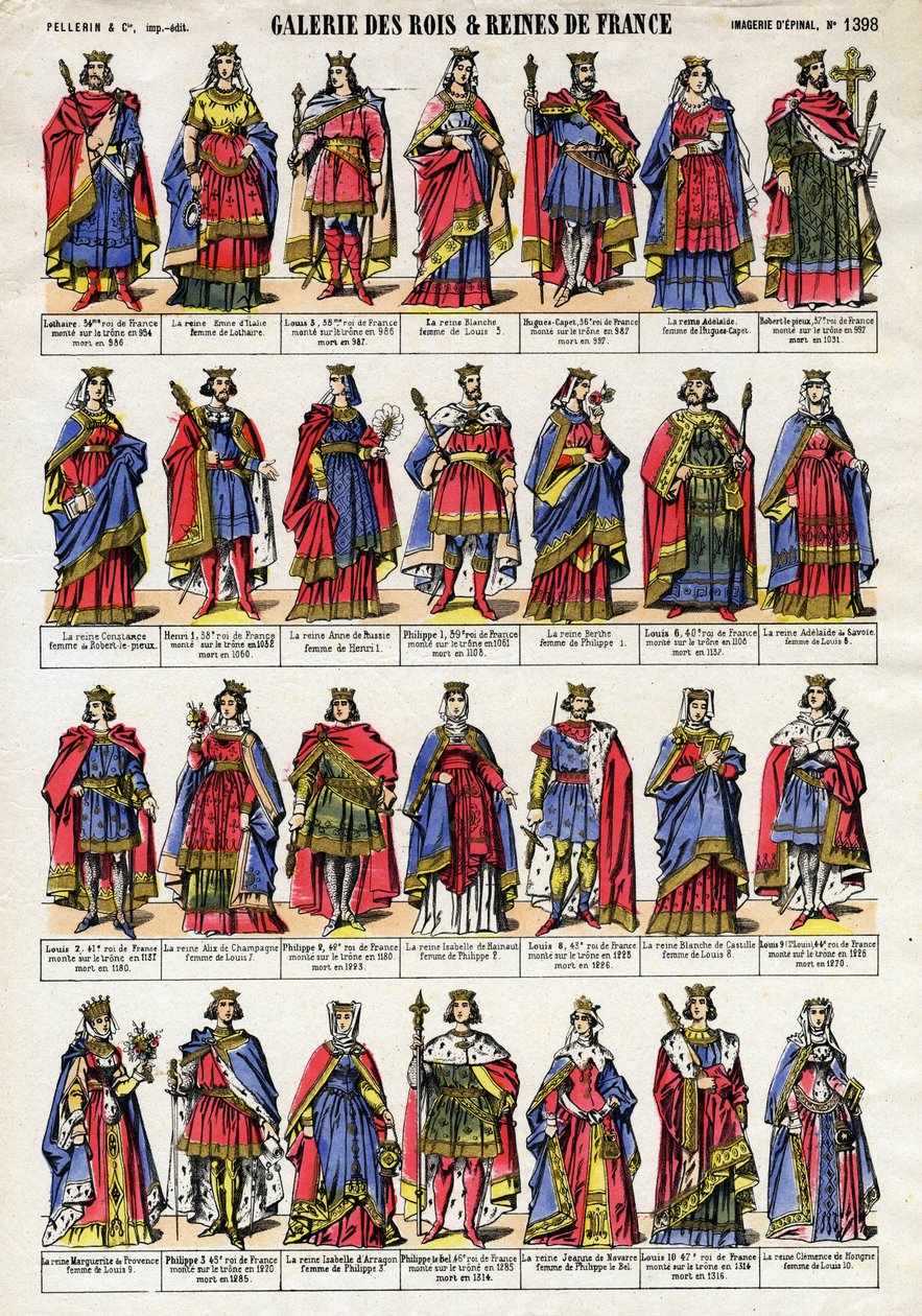 Portrét francouzských králů a královny z dynastie Kapetovců (Kapetovská dynastie) od Lothairea (941-986) po Ludvíka X. Hutina (1289-1316). Epinal zobrazování z konce 19. století. Soukromá sbírka. od French School