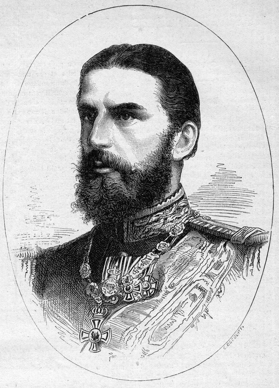 Portrét rumunského prince Charlese de Hoenzolern Sigmariner (1839-1914), budoucí král pod jménem Karel I. (Carol I). Rytina v „“ Le Monde Illustré““ č. 1054 z 23. června 1877. od French School