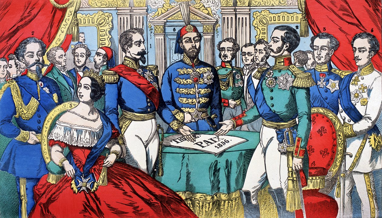 Portrét suverénů Evropy během mírové smlouvy v roce 1856: zleva doprava, Viktor Emmanuel II (Victor Emmanuel) (Vittorio Emanuele), král Sardinie, Viktorie, královna Anglie, Napoleon III, turecký císař, Alexander II, král Ruska, F od French School