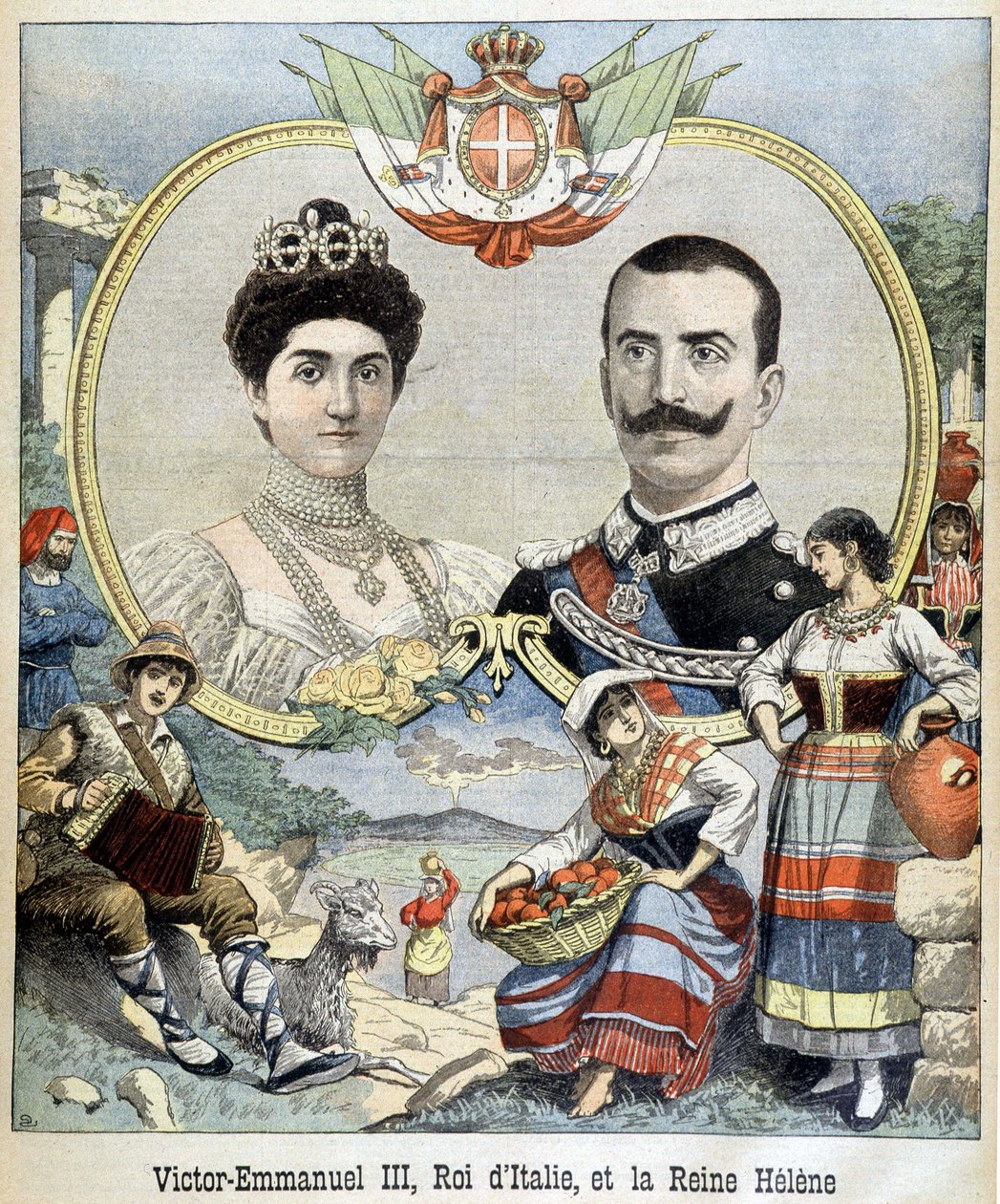Portréty v medailonu Viktora Emmanuela III. a Heleny Černé Hory, panovníka Itálie, obálka „The Petit Journal“ 7.5.1903 (rytina) od French School