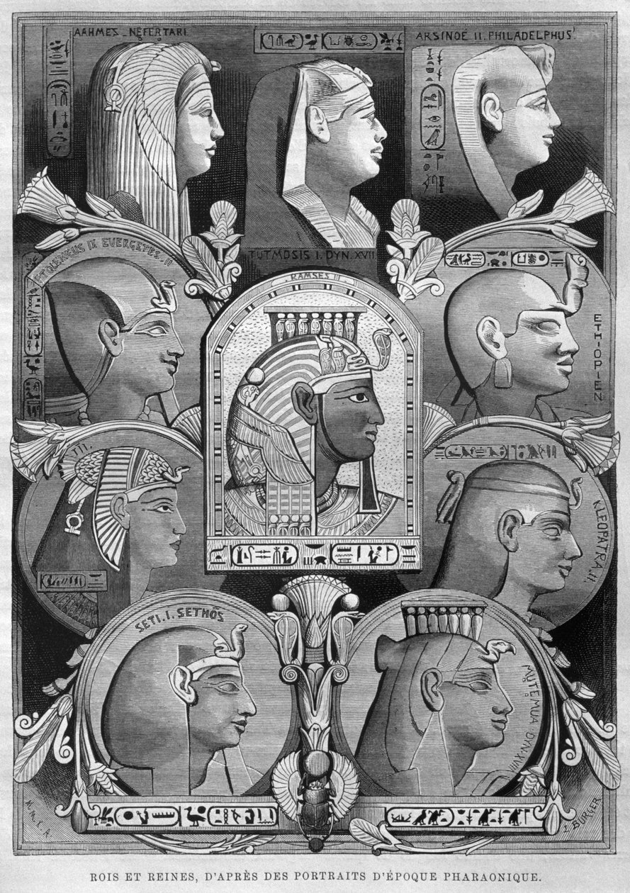 Portréty starověkých egyptských královen a králů, z LEgypte Georga Moritze Eberse (1837-98), 1881 (č. rytina) od French School