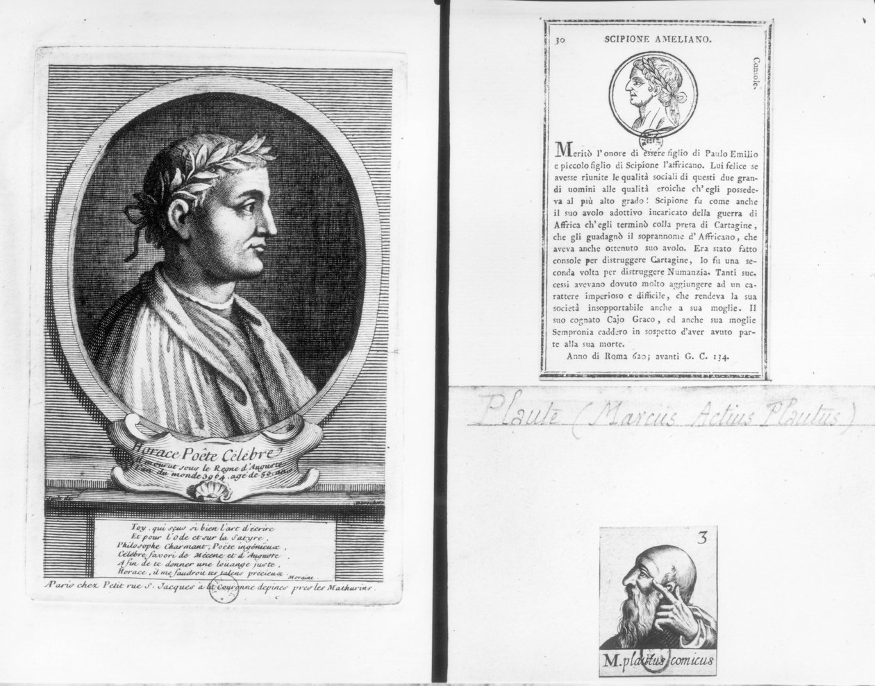 Portréty Horatia (65–8 př. n. l.) Scipio Aemilianus (Africanus Minor) (185–129 př. n. l.) a Plauta (asi 254–184 př. n. l.) od French School