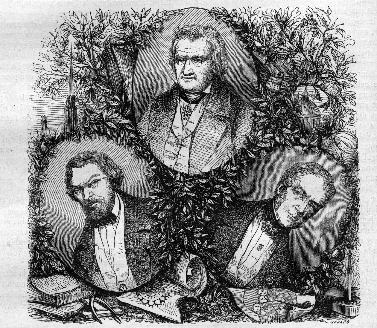 Portréty Jean Baptiste Antoine Lassus (1807-1857), francouzský architekt (vlevo); Charles Lacretelle Jeune (1766-1855), francouzský historik a právník (uprostřed); a baron Auguste Gaspard Louis Desnoyers (1779-1857), francouzský rytec. Rytina z roku 1858. od French School