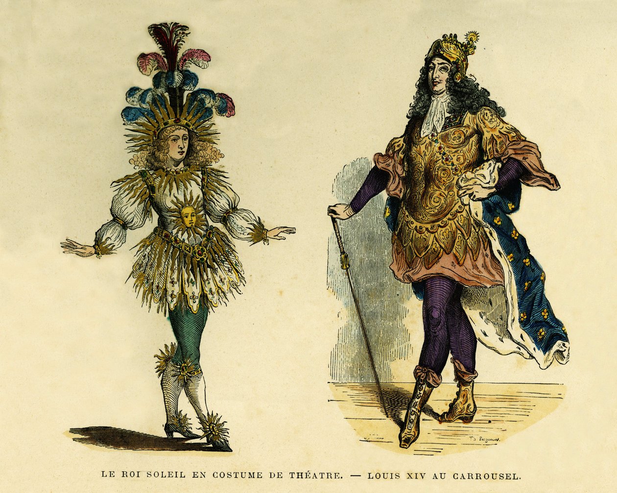 Portréty krále Ludvíka XIV. (1638-1715), v divadelním kostýmu a na kolotoči. Barevná rytina, v „France et les francais a travers les století““ od Augustina Challamela, editora F. Roye, Paříž 1882. Selva Collection. od French School