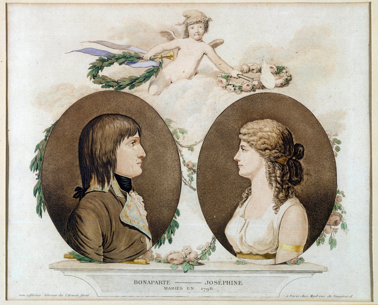 Portréty Napoleona Bonaparta (1769-1821) a Josephine de Beauharnais (1763-1814) provdaných v roce 1796”” Anonymní akvarel kolem roku 1800. Ne 0,21x0,23 m Malmaison, musee du chateau od French School