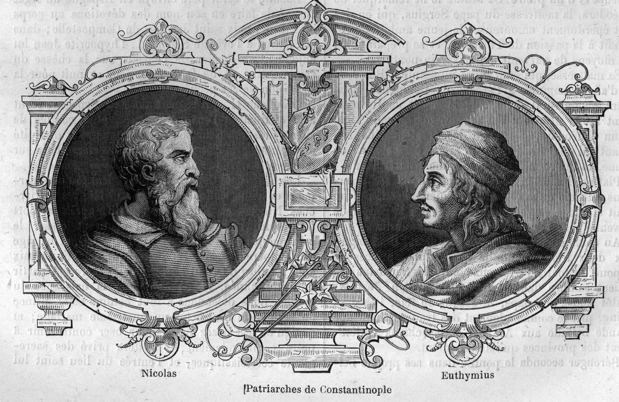 Portréty Mikuláše Mystického (10. století) a Euthymia z Athosu (955-1028), patriarchů Konstantinopole. Rytina v „Histoire des Papes-Rois-Queen and Empereurs a travers les století“ od Maurice Lachatre od French School
