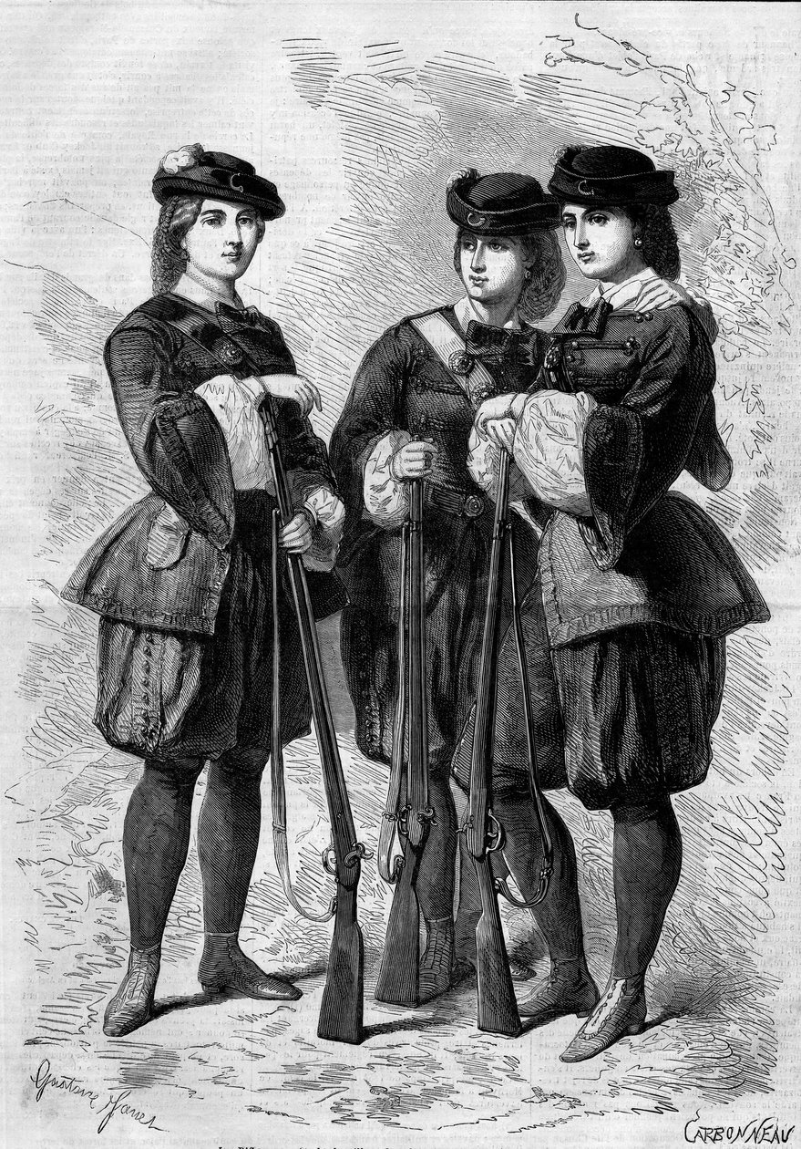 Portréty střelkyň: prapory dobrovolnic v Anglii. Rytina v „“ Le Monde Illustré““ č. 172 z 28. července 1860. od French School