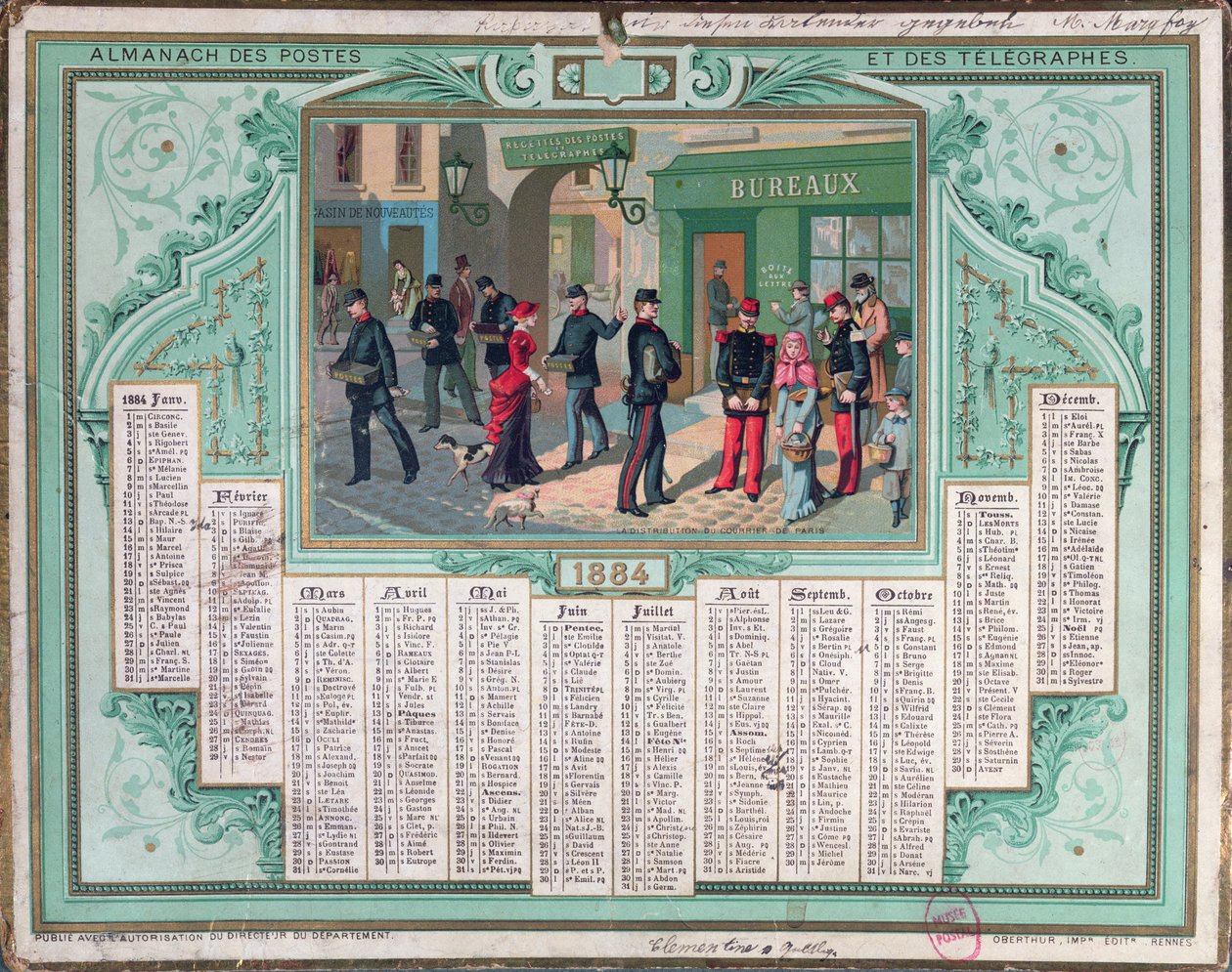 Poštovní kalendář z roku 1884 od French School