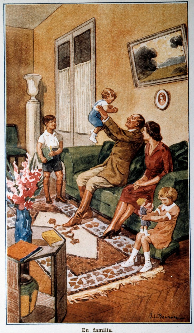 Poštovní a telekomunikační kalendář s rodinnou scénou, 20. století (tisk) od French School