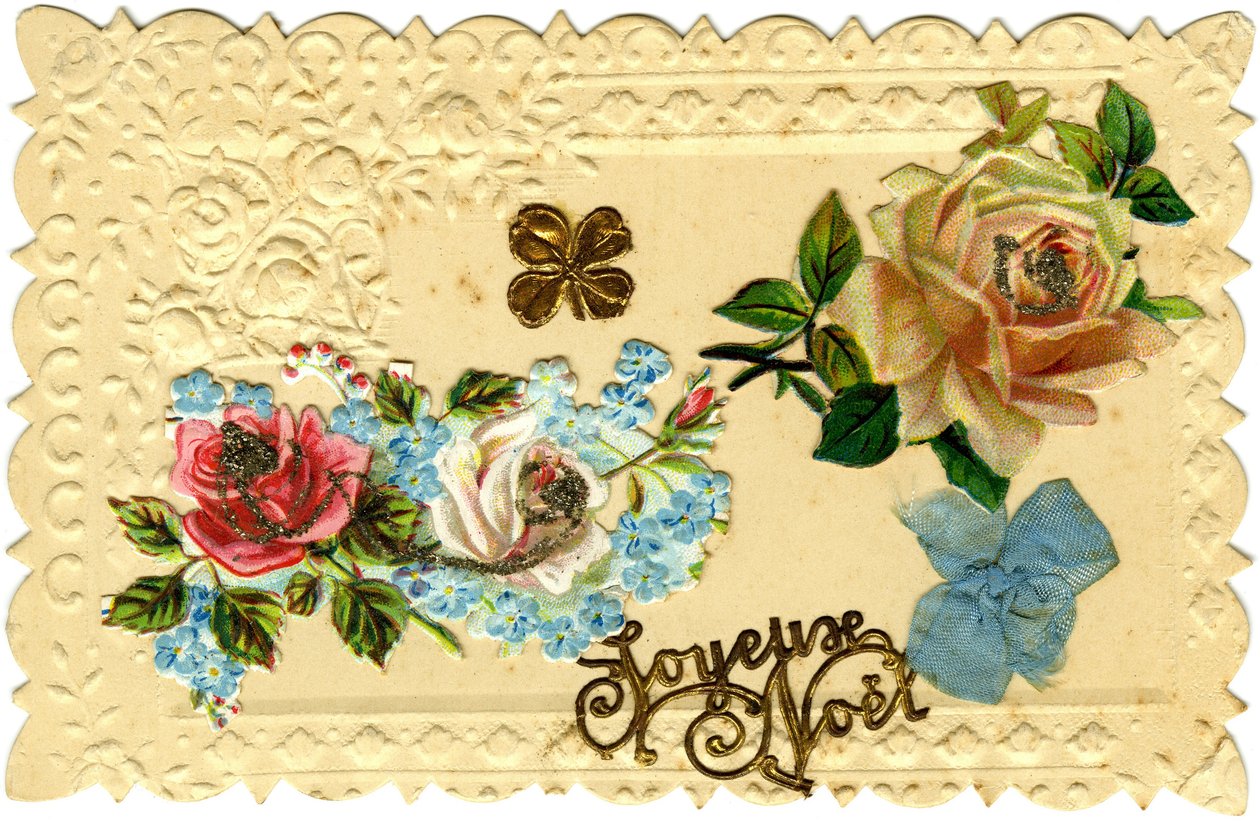 Pohlednice: Veselé Vánoce (ražený papír, broušený chromolitografií a zlacený, látky) od French School