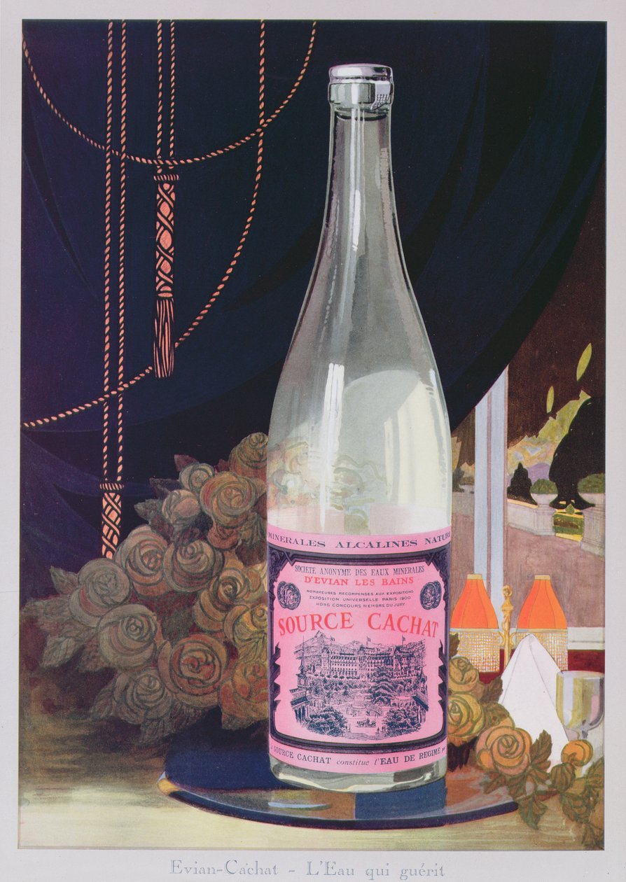 Pohlednice s reklamou na vodu Evian ze Source Cachat, 1906 od French School