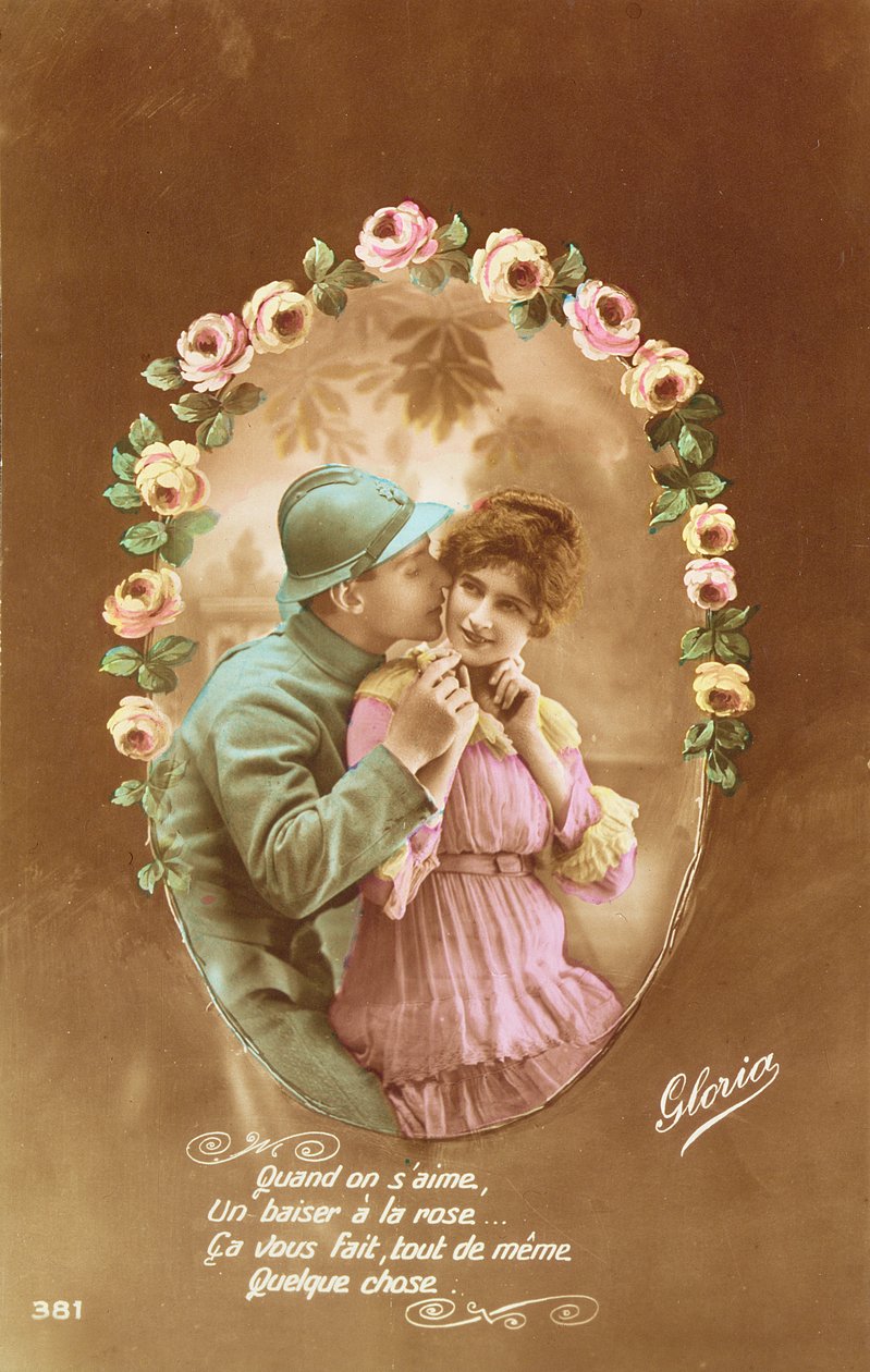 Pohlednice zobrazující francouzského vojáka a jeho milenku, 1914-18 (barevné foto) od French School