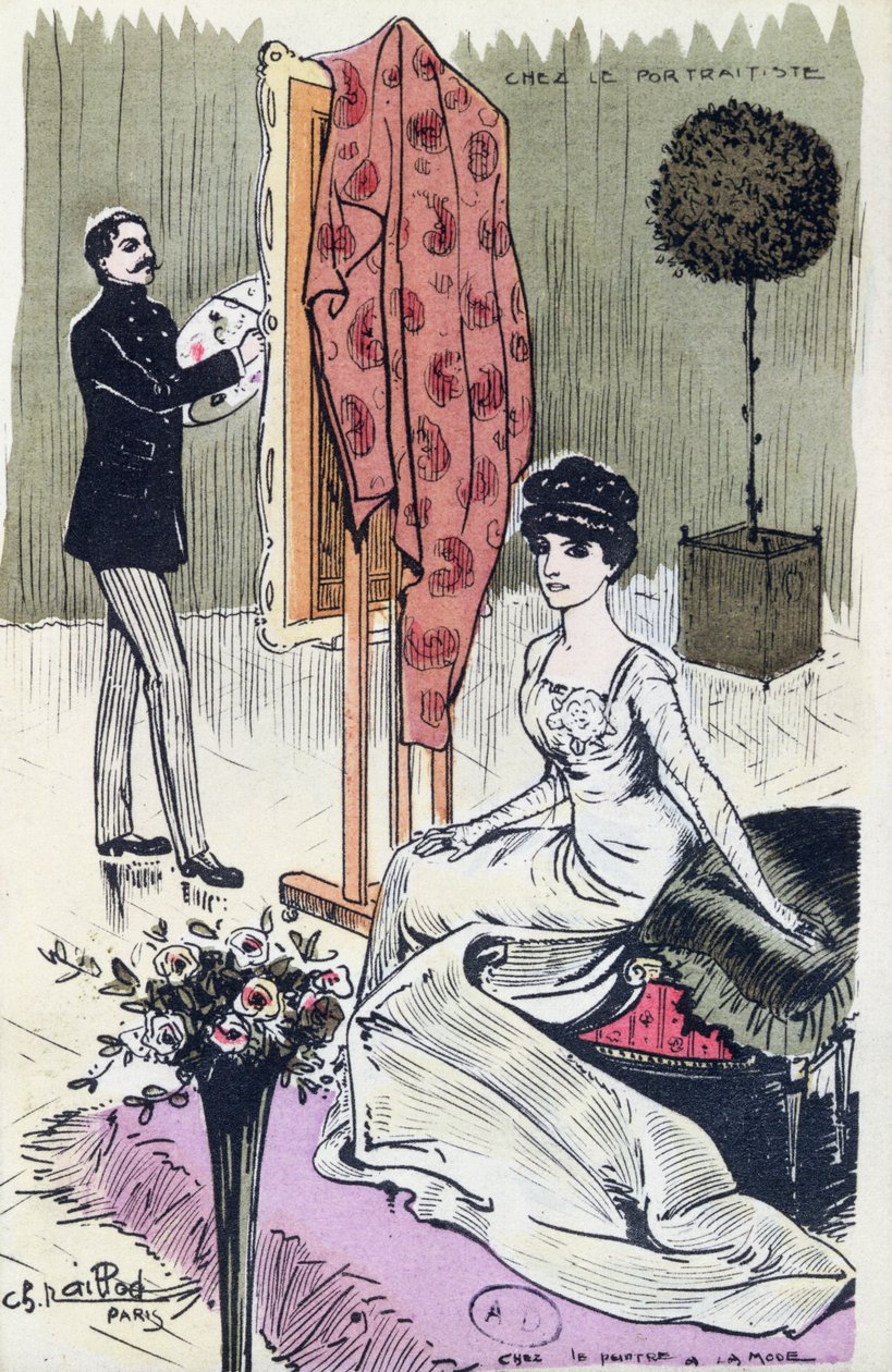 Pohlednice zachycující módního portrétistu při práci, 1910 od French School