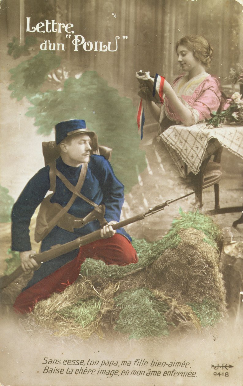 Pohlednice zobrazující dopis z Poilu, 1914-18 (barevné foto) od French School