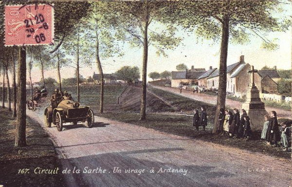 Pohlednice zobrazující jízdu v Sarthe od French School
