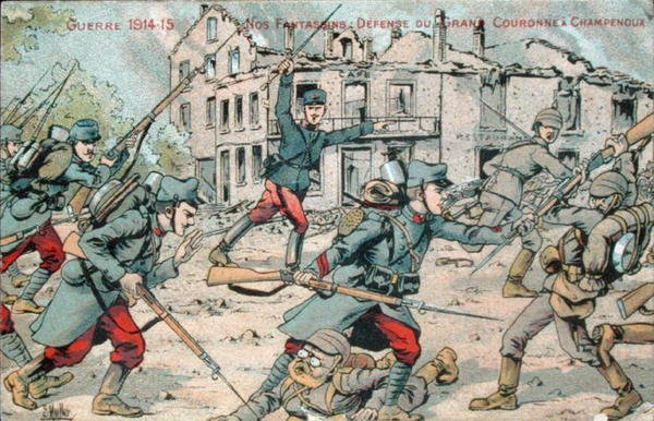 Pohlednice zobrazující francouzskou pěchotu bránící Champenoux od French School