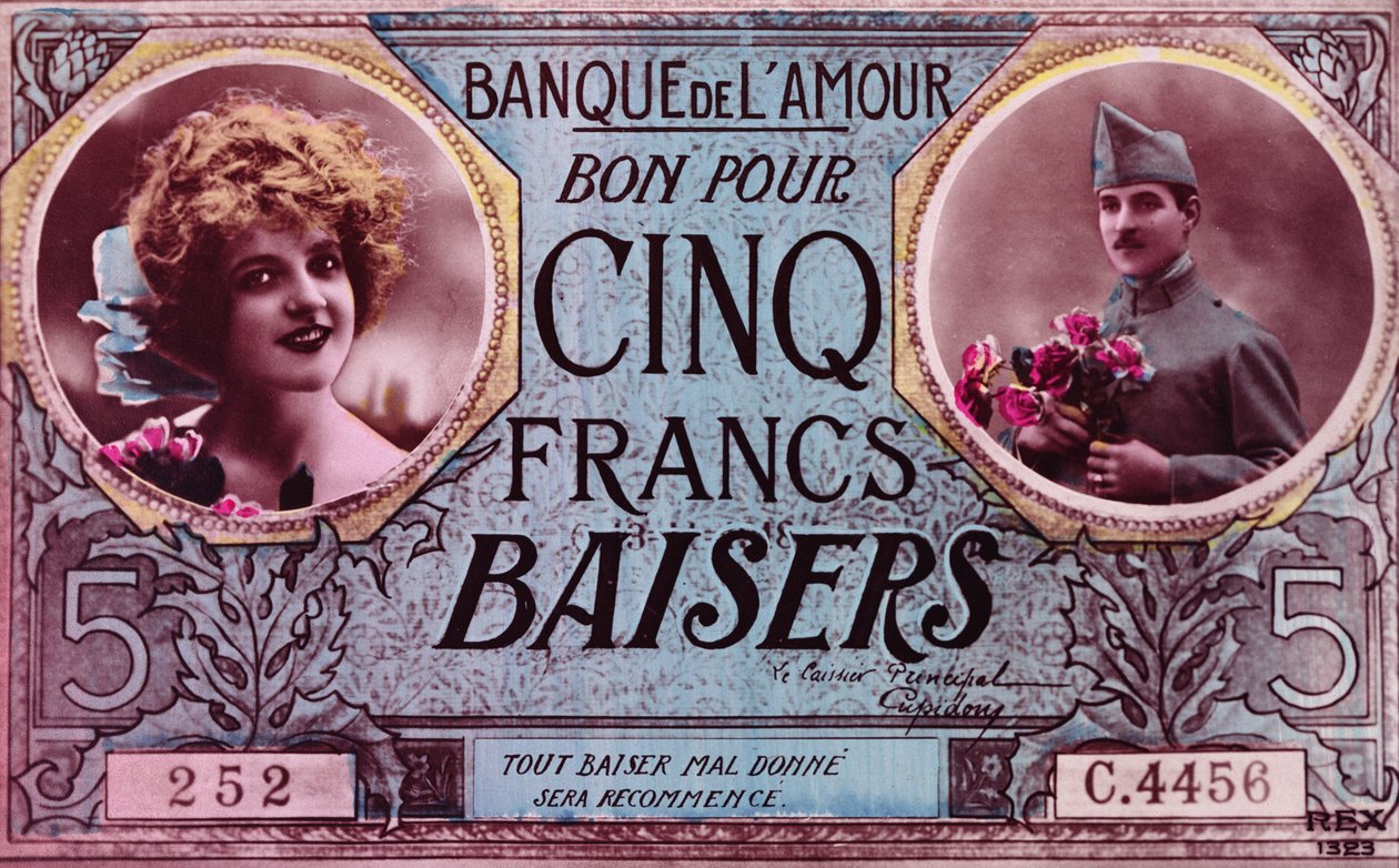 Pohlednice ve formě poukázky na pět polibků franků z Bank of Love, 1914-18 od French School