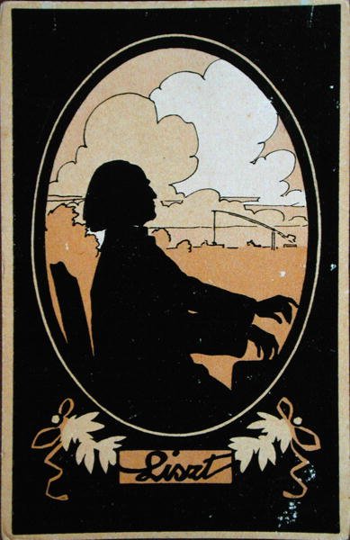 Pohlednice Franze Liszta (1811-86) s maďarským venkovem v pozadí, kolem roku 1910 (barevné lito) od French School