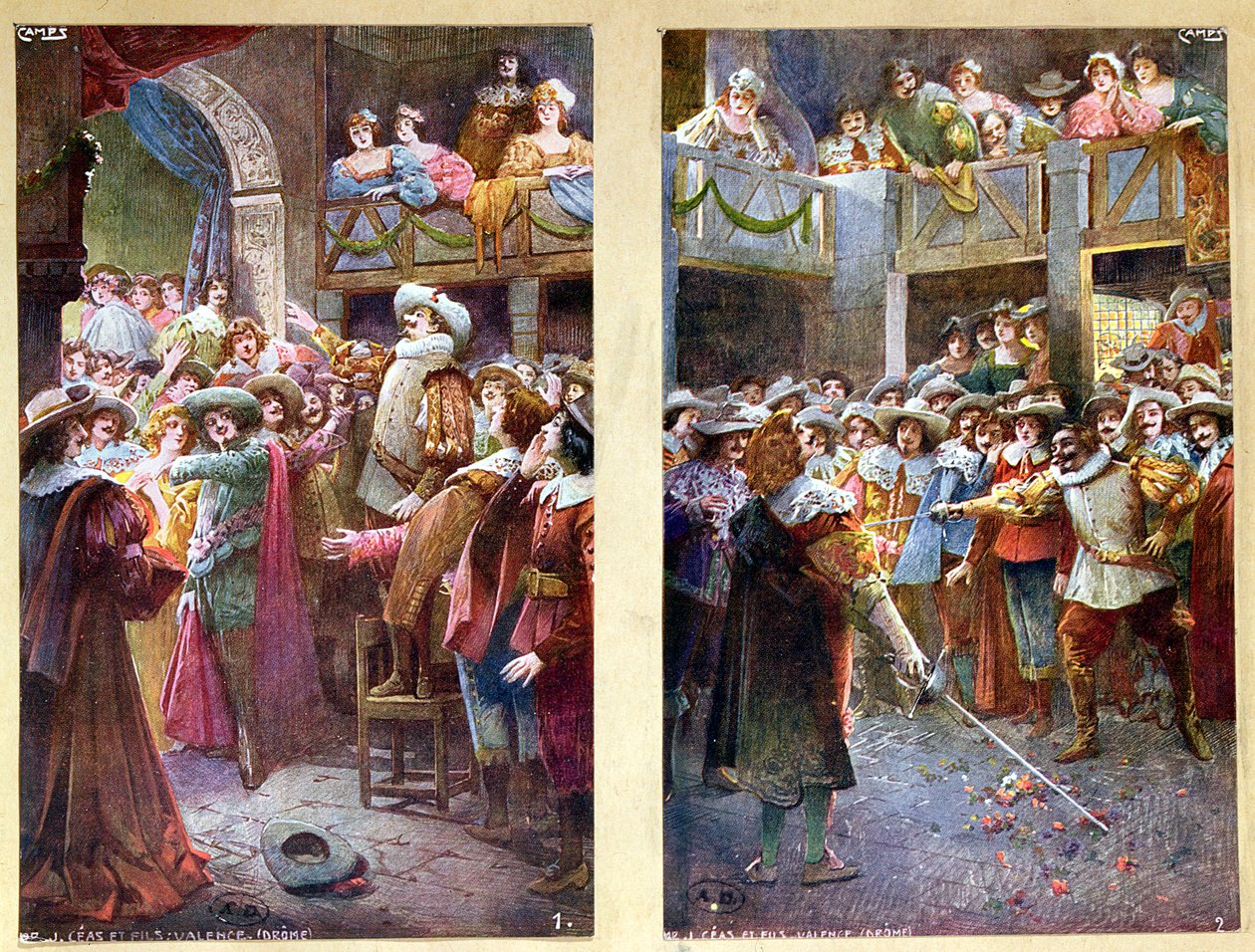 Pohlednice zobrazující Cyrano de Bergerac a Duel v Hotel de Bourgogne, kolem roku 1900 od French School