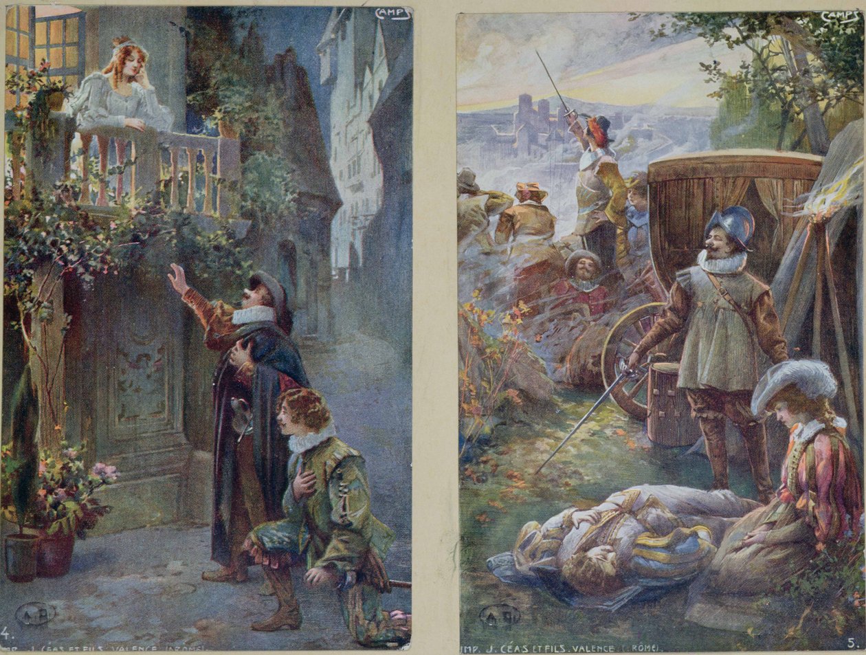 Pohlednice zobrazující Cyrano de Bergerac s Roxanne a smrt Christiana, kolem roku 1900 od French School