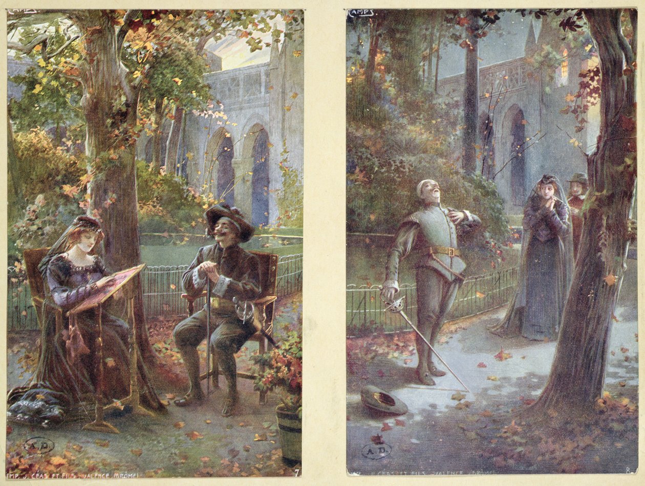 Pohlednice zobrazující Cyrano de Bergerac s Roxanne, kolem roku 1900 od French School