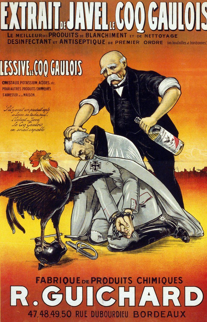 Plakát „“ Bleach Extract Le Coq Gaulois – nejlepší bělicí a čisticí prostředky – dezinfekční a antiseptikum prvního řádu (v lahvích a lahvích) – Manufacture de produits chimiques René Guichard““ vydaný v Bordeaux v roce 1917. od French School