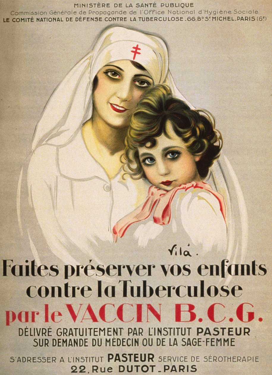 Plakát „“ Chraňte své děti před tuberkulózou od B.C.G. Vakcína vydaná zdarma Institut Pasteur na žádost lékaře nebo porodní asistentky““, Vilà 1917 od French School