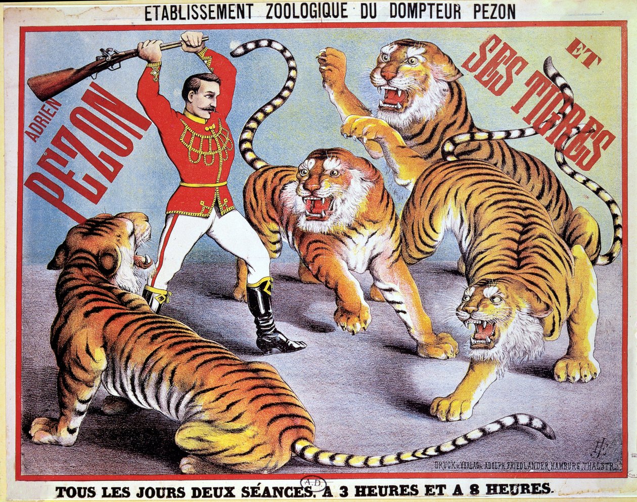Reklamní plakát Adrien Pezon a jeho tygři, kolem roku 1897 od French School