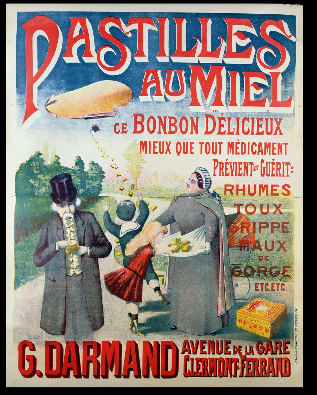 Plakátová reklama Pastilles au Miel, medové pastilky, výrobce G. Darmand od French School