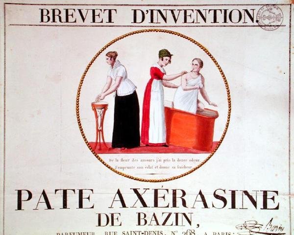 Reklamní plakát „Pate Axerasine de Bazin“, počátek 19. století (barevné rytí) od French School