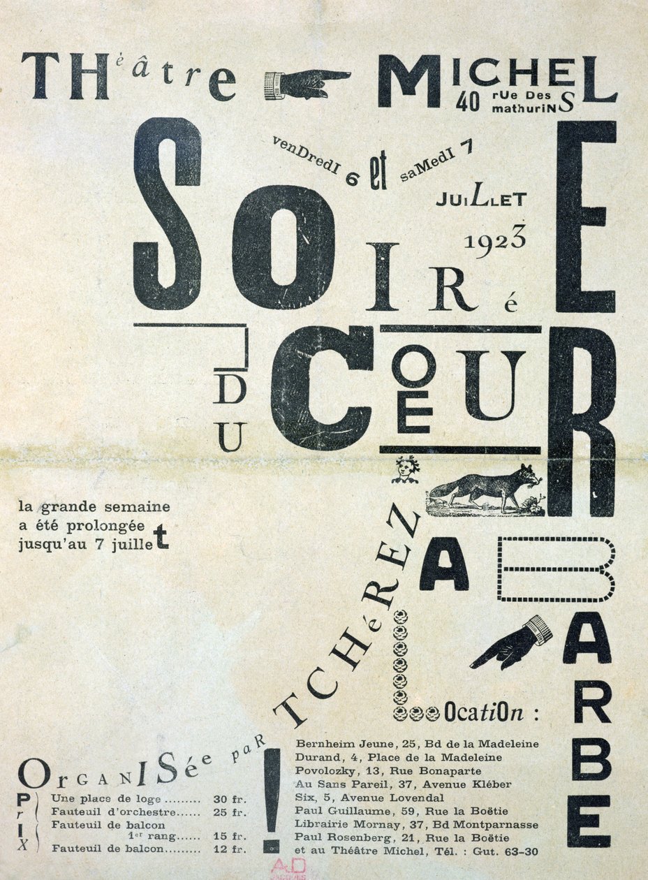 Reklamní plakát Soiree du Coeur a Barbe v divadle Michel 6. a 7. července 1923 od French School