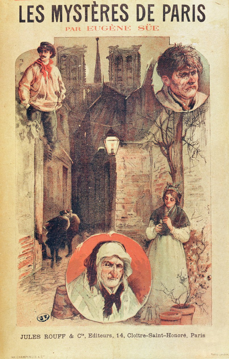 Plakát propagující les Mysteres de Paris od Eugena Sue (1804-57) vydávaný na pokračování v nakladatelství Editions Jules Rouff, konec 19. století. od French School