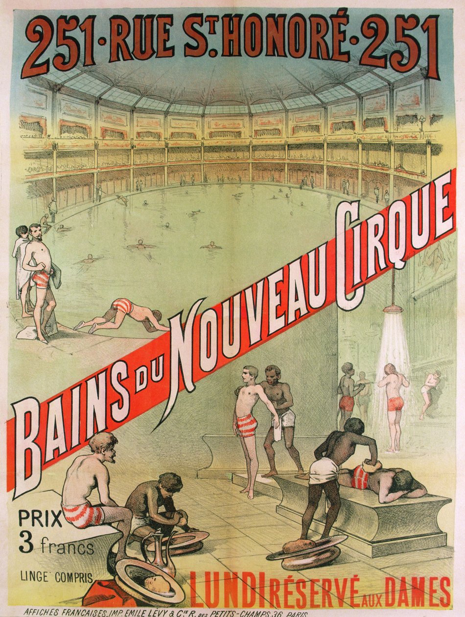 Plakát propagující "Bains du Nouveau Cirque", 251 rue St. Honoré, Paříž, konec 19. století (barevná litografie) od French School