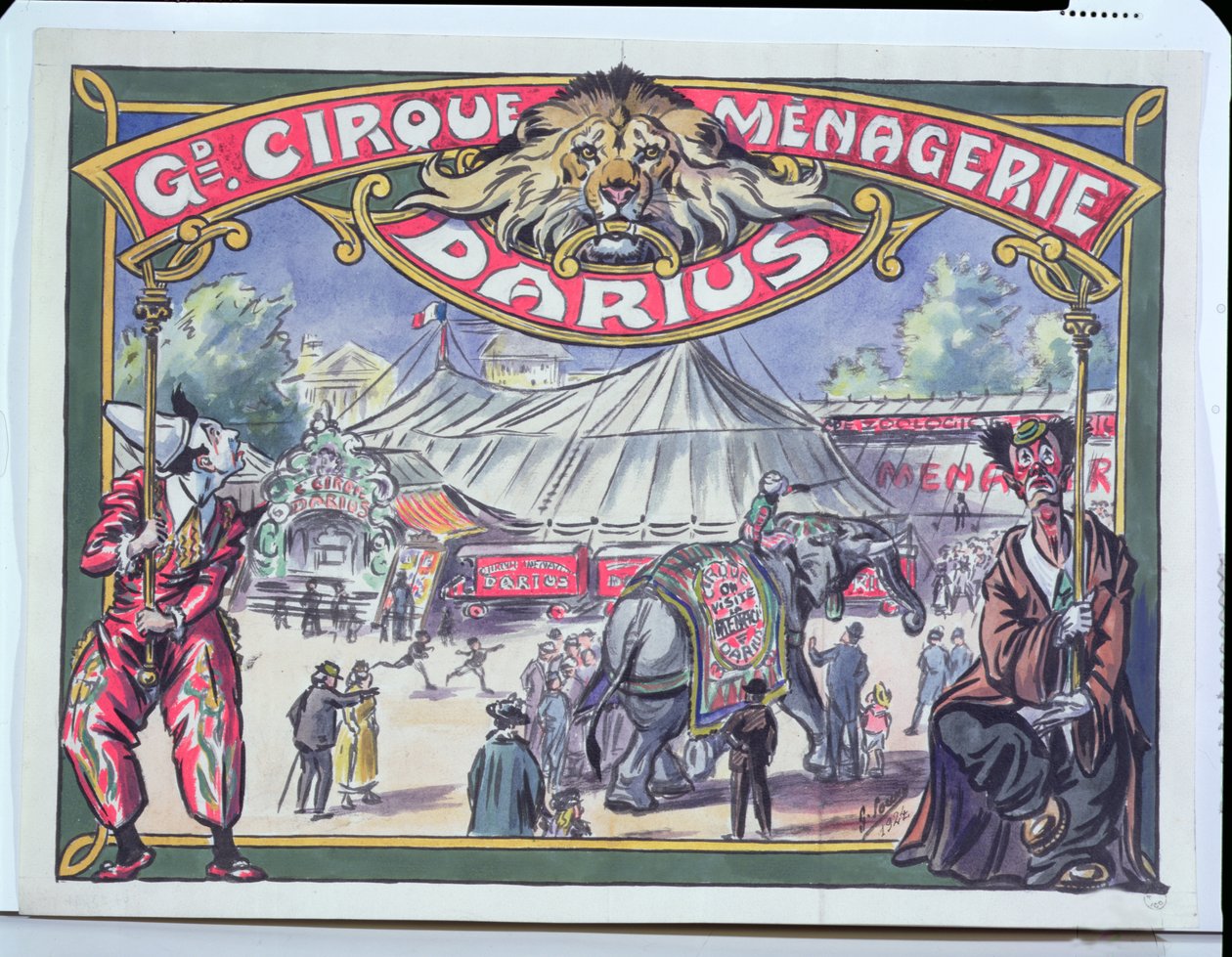 Plakát inzerující Grand Cirque Menagerie Darius, 1924 (wc na papíře) od French School