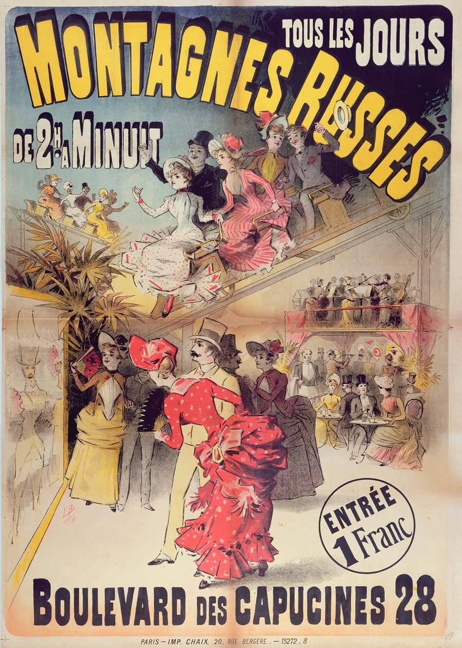 Plakát propagující horskou dráhu Montagnes Russes na Boulevard des Capucines, Paříž, 1888 od French School