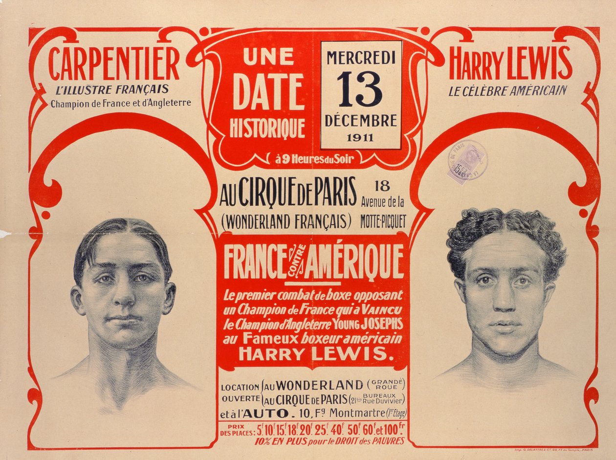 Plakát propagující boxerský zápas mezi Carpentierem a Harrym Lewisem, 1911 od French School