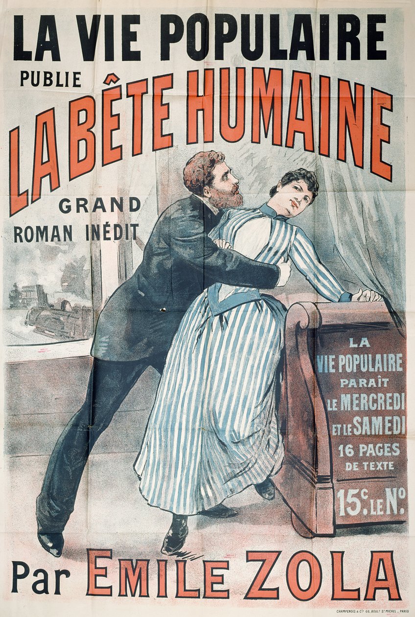 Plakát propagující publikaci La Bete Humaine od Emila Zoly (1840-1902) v La Vie Populaire, kolem roku 1890 od French School