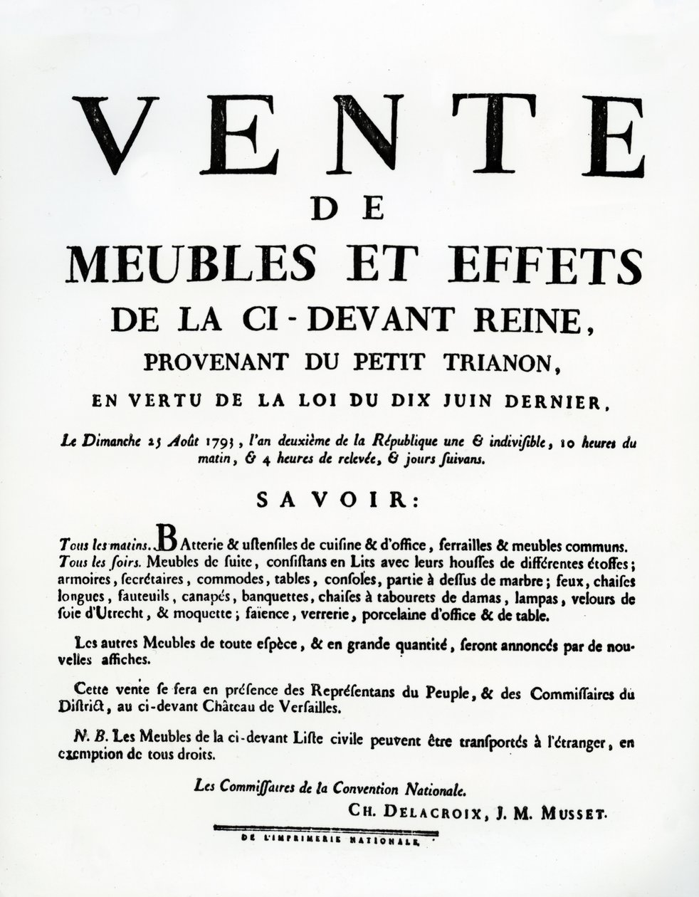 Plakát inzerující prodej nábytku a efektů Marie-Antoinetty 25. srpna od French School