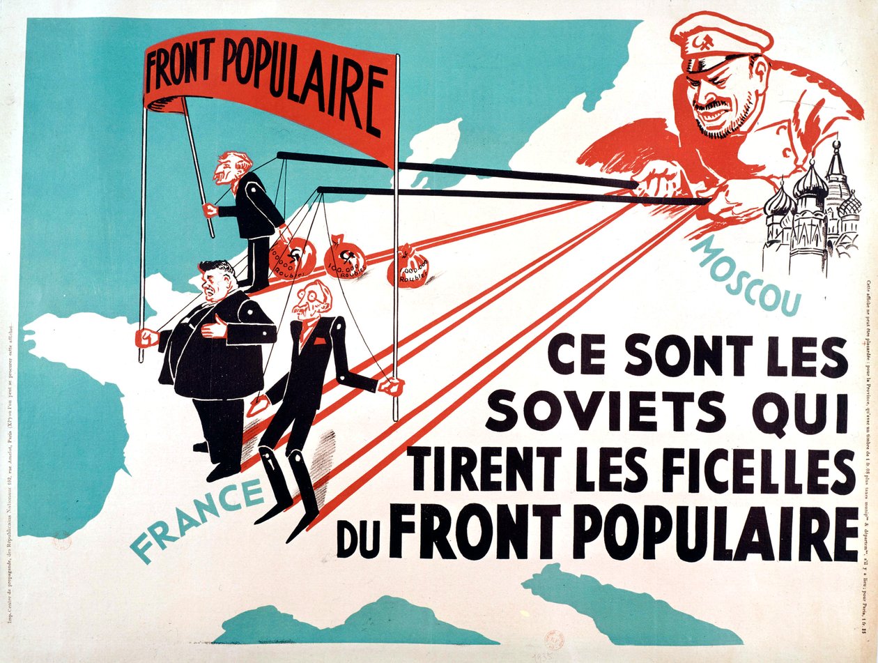 Plakát s Edouardem Herriotem, Leonem Blumem jako loutkami z Moskvy, cca 1936 (plakát) od French School