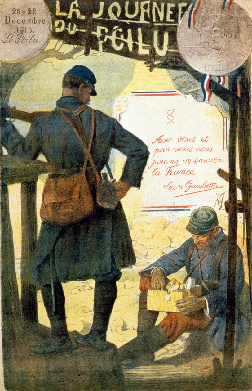 Plakát k „“ La journée du poilu – 25. et 26. prosince 1915““ s citátem Léona Gambetty „“ S vámi a vámi přísaháme, že zachráníme Francii““. (chlupaté otevření krabice, kterou dostal od své rodiny). od French School