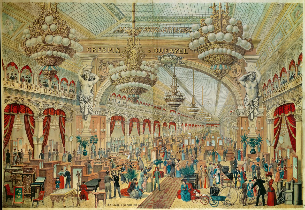 Plakát pro obchody (nebo galerie) Crespin Dufayel na Boulevard Barbes v Paříži. Paříž 19. století. dekorativní umění od French School