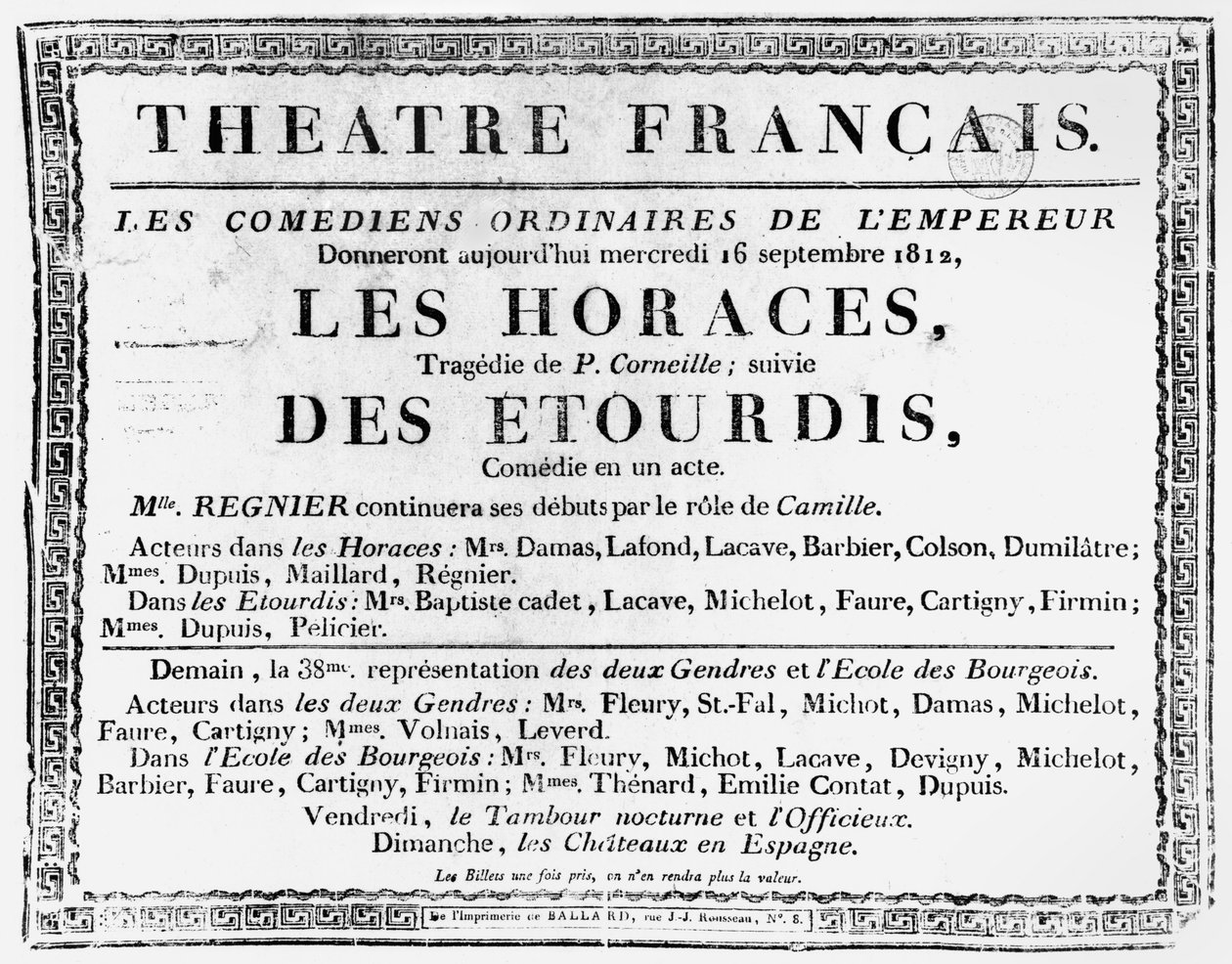 Plakát k představení Les Horaces od Pierra Corneille (1606-84) v Theater Francais v Paříži, 1812 od French School