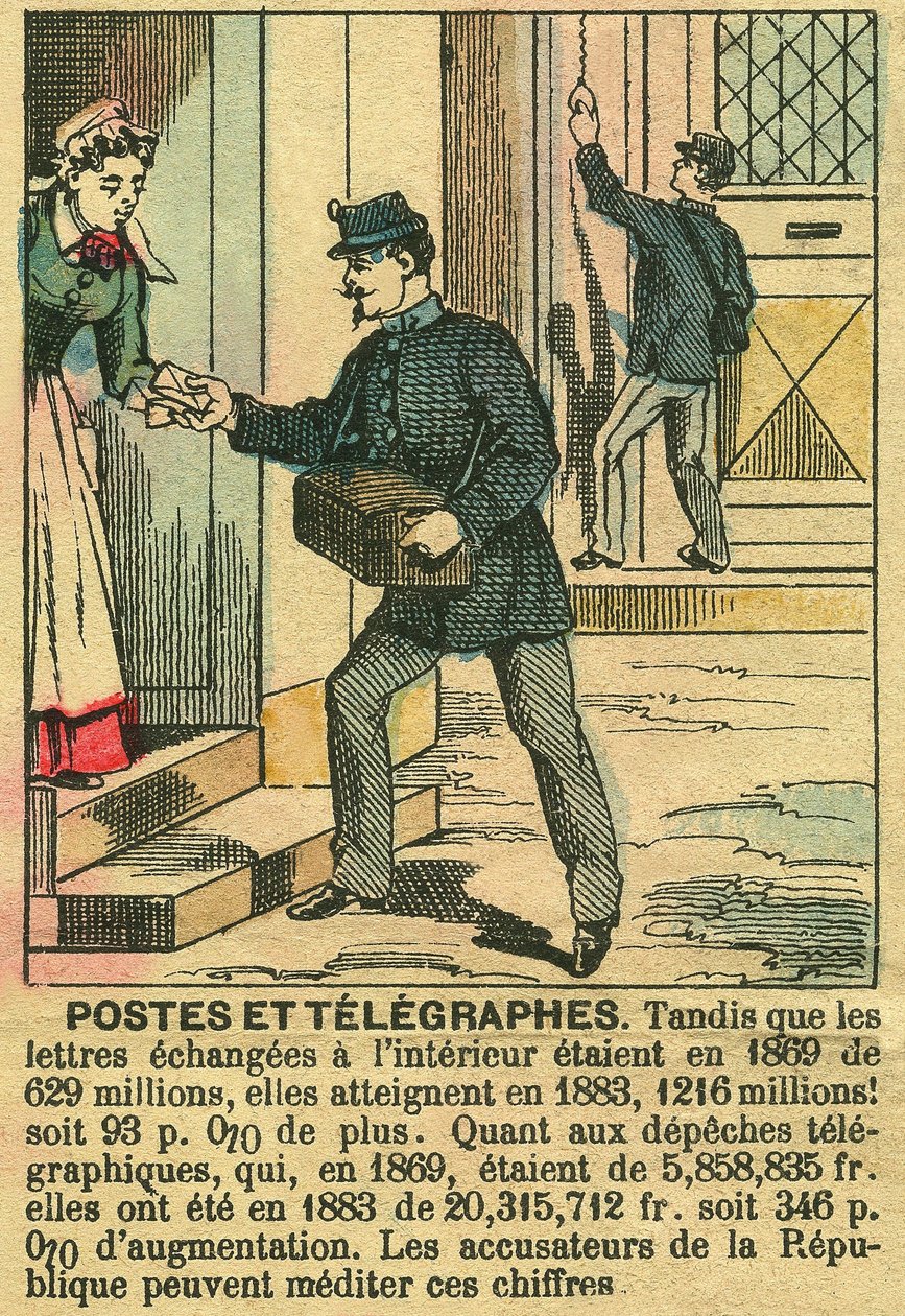 Pošty a telegrafy, dokládající dobré fungování telekomunikací a pošty díky republice. Rytina, v „“Le Figaro, příloha““, 30. 3. 1889, Paříž. Coll. Selva. od French School