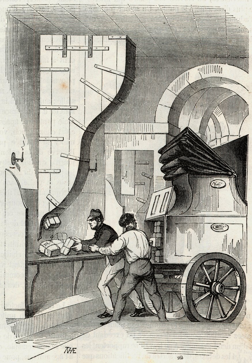 Sloupky: nakládání sloupku kufru - Rytina v „Tableau-de-Paris“ od Edmonda Texiera 1852 od French School
