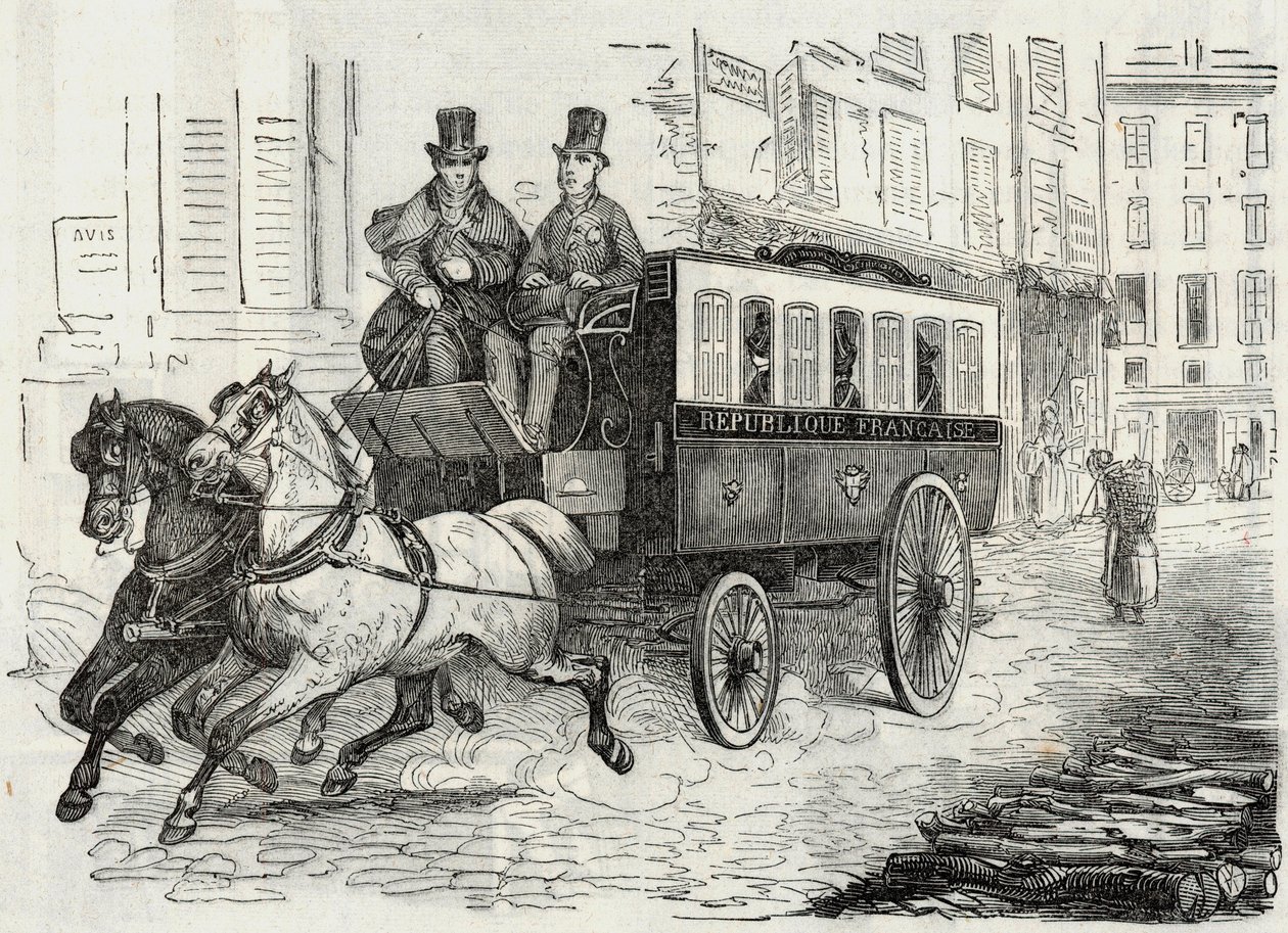 Příspěvky: omnibus pošťáků - Rytina v „Tableau-de-Paris“ od Edmonda Texiera 1852 od French School