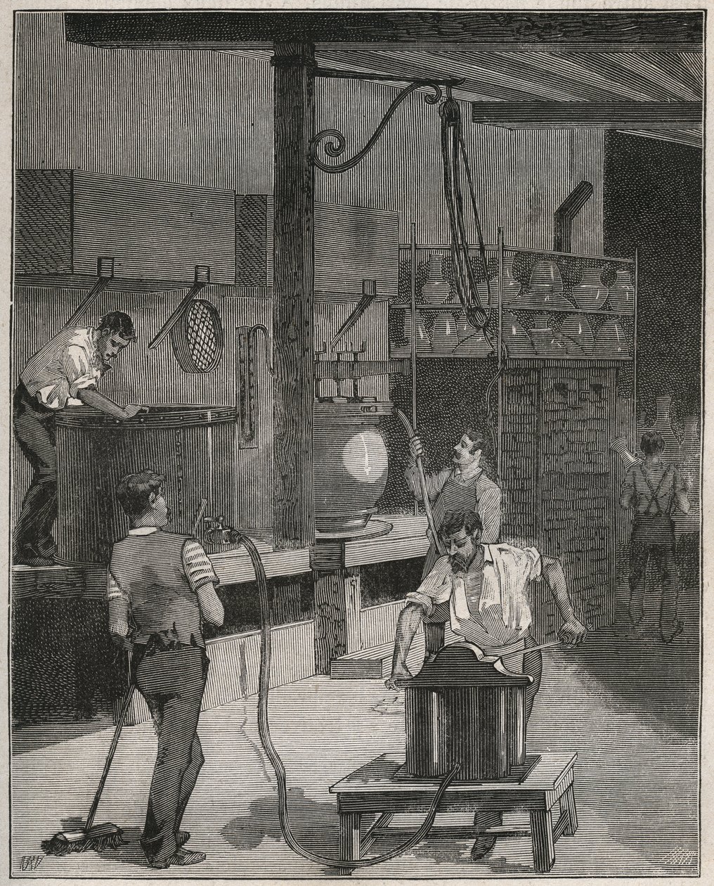 Keramika, Manufacture de Sevres: Dílna pro vakuové lití a lití stlačeného vzduchu. Rytina z roku 1885 v „“Les arts et metiers illustres““ od Adolphe BITARDA. od French School