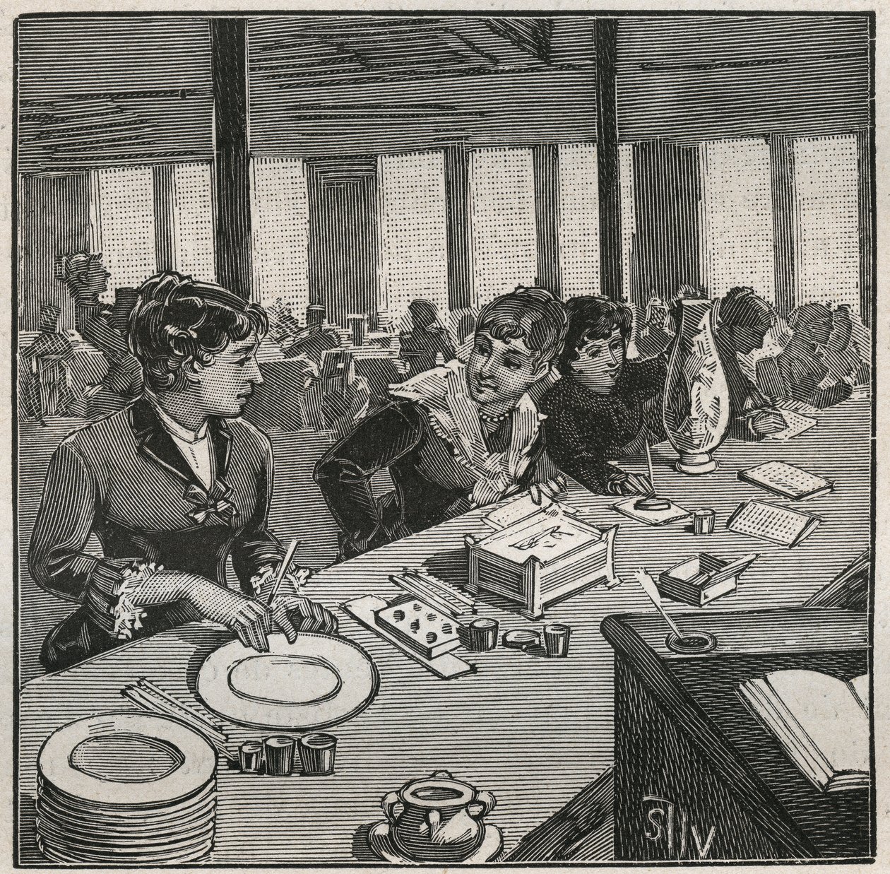 Keramika: malířská dílna na porcelán v 19. století ve Francii. Rytina z roku 1880 v „“Les arts et metiers illustres““ od Adolphe BITARDA. od French School