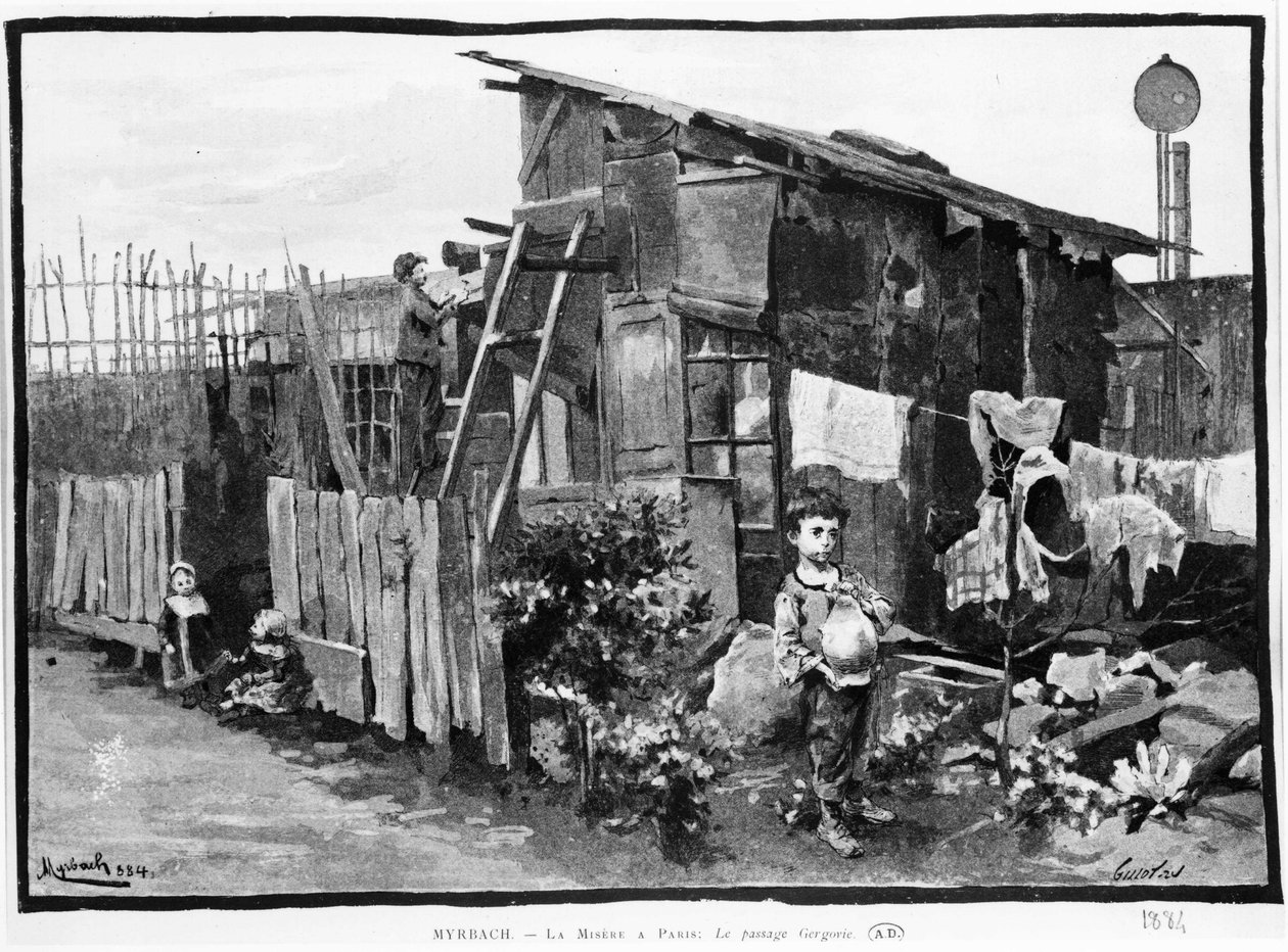 Chudoba v Paříži: slumy, průchod Gergovie. 1884. Bibl. des Arts decos. od French School