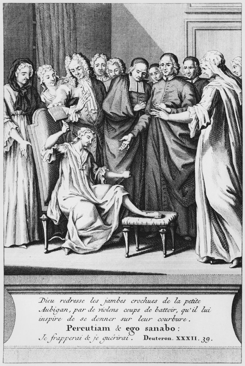 Praxe pomoci a zázračného uzdravení Aubigana, ilustrace z knihy La verite des miracles de M. de Paris... od Louise Basile Carre de Montgeron (1686-1754) 1737 od French School